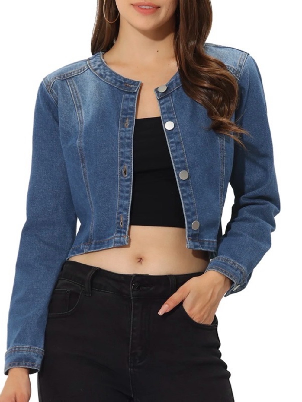 Allegra K Women Denim Collarless Long Sleeve Button Down Crop Jean Jacket, XL
